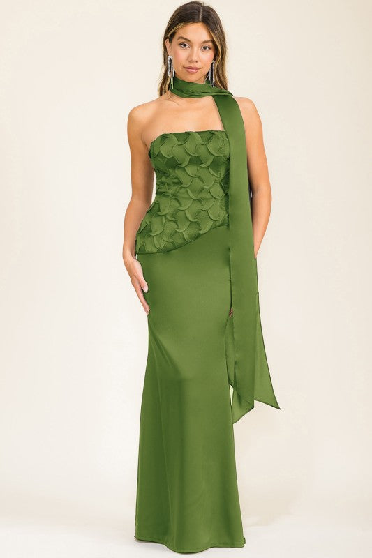 Vestido Largo Corte Sirena con Corset y Bufanda - Verde