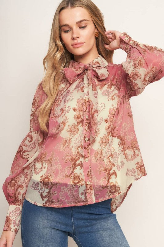 Blusa de Chiffon Estampada con Moño al Cuello – Rosa Vintage