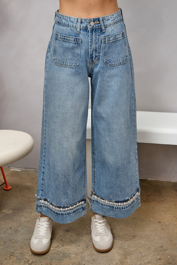 Jeans tipo palazzo de tiro alto con ribete de diamantes de imitación y pierna ancha