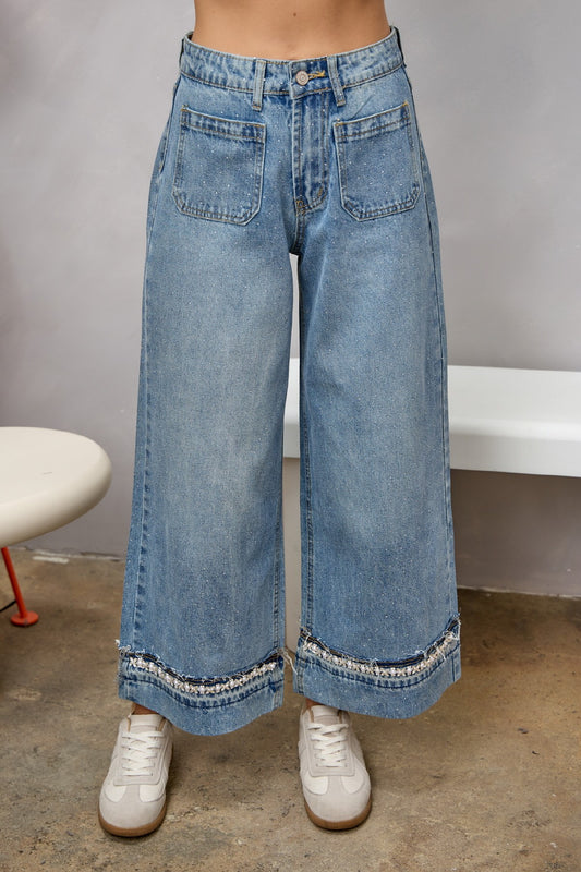 Jeans tipo palazzo de tiro alto con ribete de diamantes de imitación y pierna ancha