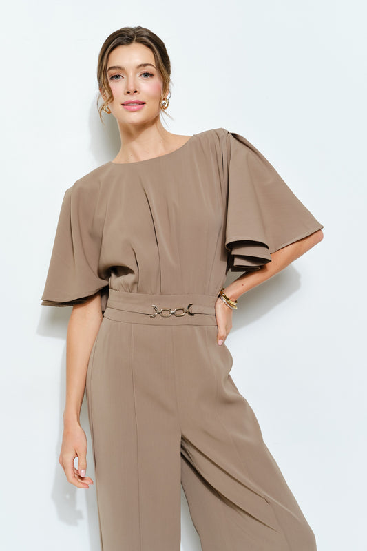 Jumpsuit Elegante de Pierna Ancha con Manga Capa – Taupe