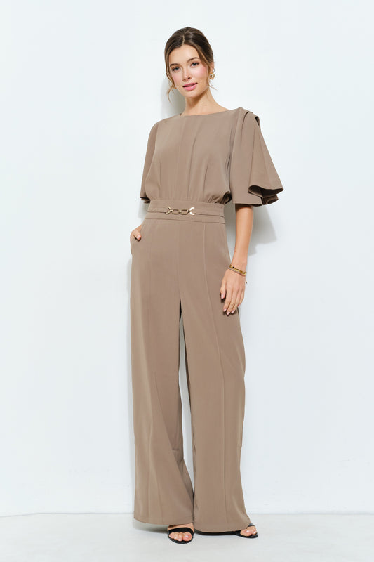 Jumpsuit Elegante de Pierna Ancha con Manga Capa – Taupe