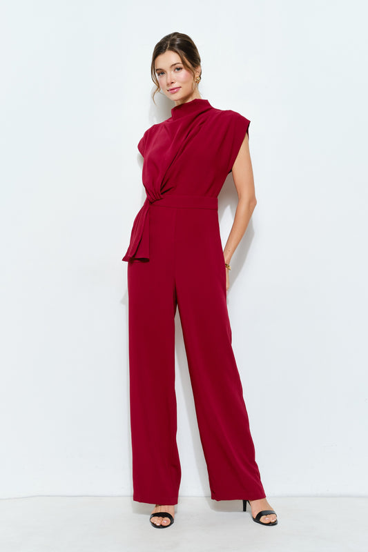 Jumpsuit Elegante Vino Tinto con Nudo Frontal
