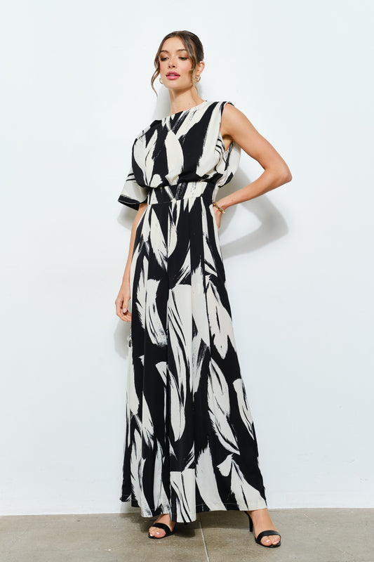 Jumpsuit sin mangas estampado abstracto con cuello de bufanda y drapeado