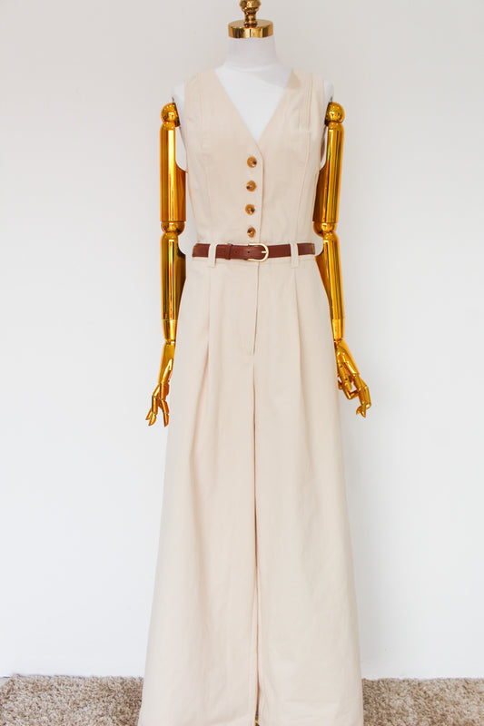 Jumpsuit Beige Con Cinto Y Detalle Espalda