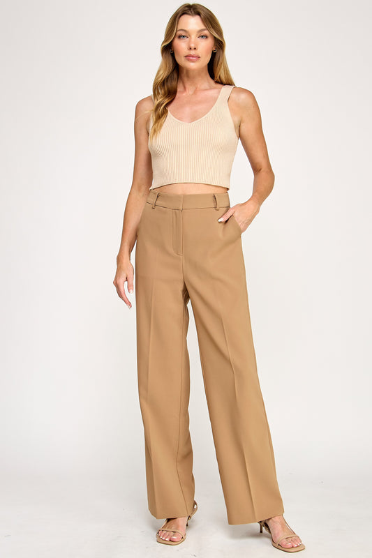 Pantalón Palazzo de Tiro Alto con Pinzas - Camel Clásico