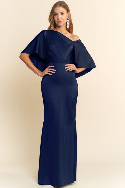 Vestido Largo Asimétrico de Satén - Azul Marino Elegante