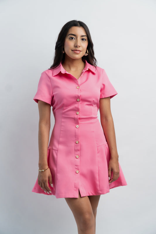 Vestido Corto Rosa Manga Corta con Botones