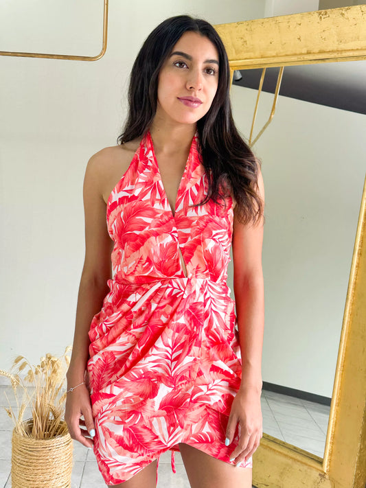 Vestido Naranja Corto con Estampado y Cuello Cruzado