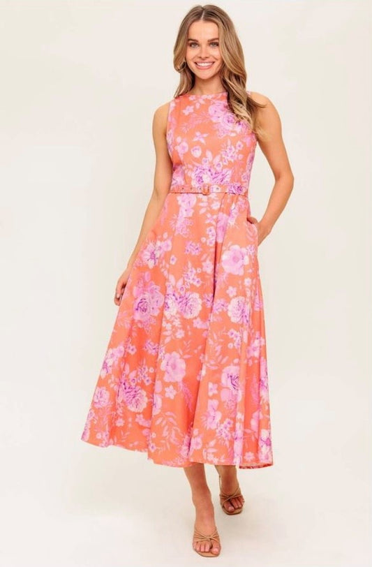 Vestido Naranja Floral con Cinto