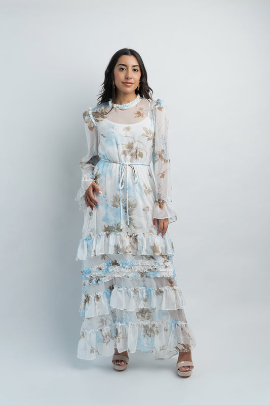 Vestido Floral Manga Larga con Olanes