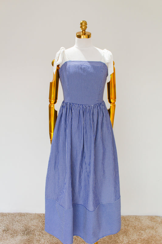 Vestido Azul Tirantes Liston Blanco