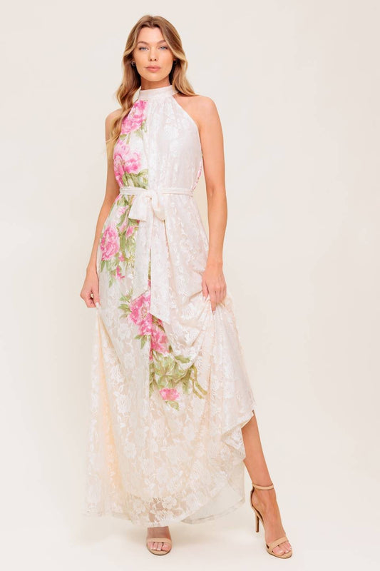Vestido Largo de Encaje Floral con Cuello Halter y Cinturón