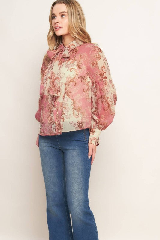 Blusa de Chiffon Estampada con Moño al Cuello – Rosa Vintage