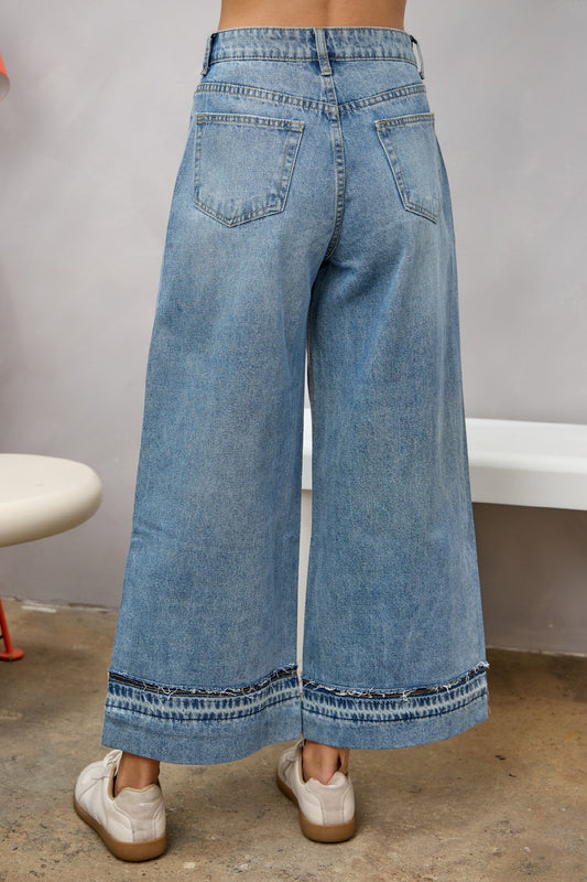 Jeans tipo palazzo de tiro alto con ribete de diamantes de imitación y pierna ancha