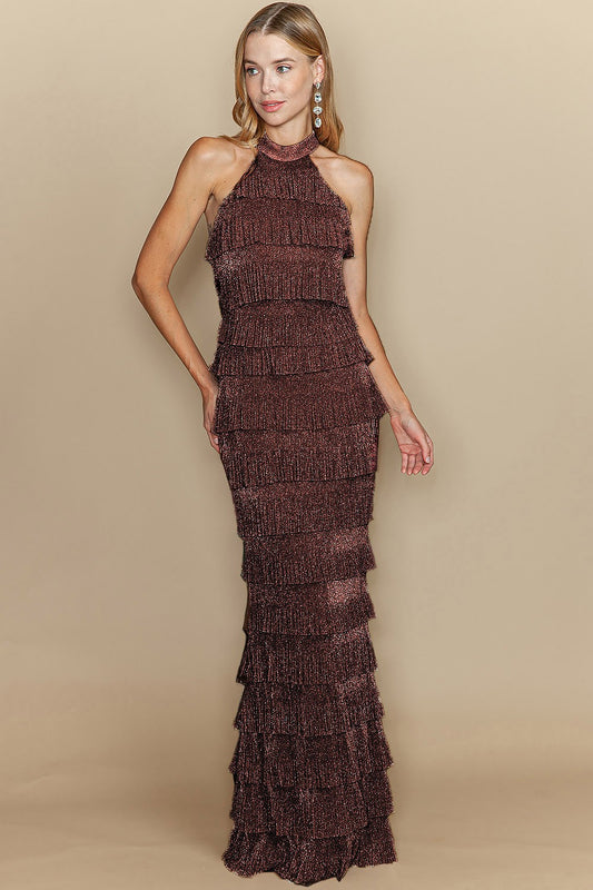 Vestido Largo Brillante con Flecos en Capas - Café