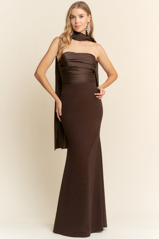 Vestido largo con top de satén y falda de punto elástico