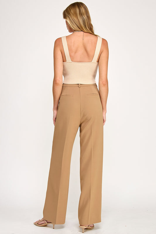 Pantalón Palazzo de Tiro Alto con Pinzas - Camel Clásico
