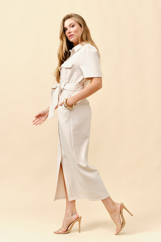 Vestido Camisero Midi con Cinturón y Bolsillos – Beige Elegante