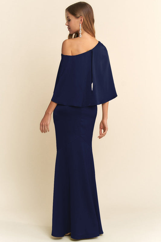 Vestido Largo Asimétrico de Satén - Azul Marino Elegante