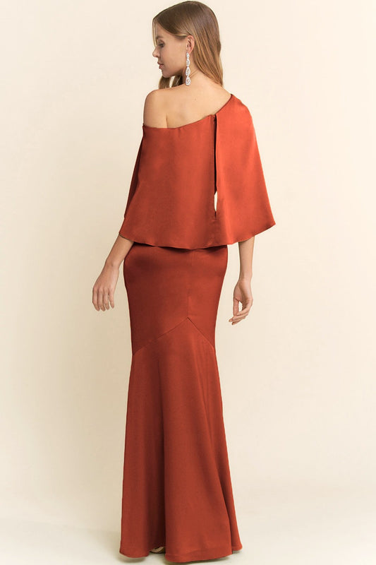 Vestido Largo Asimétrico de Satén - Terracota Elegante