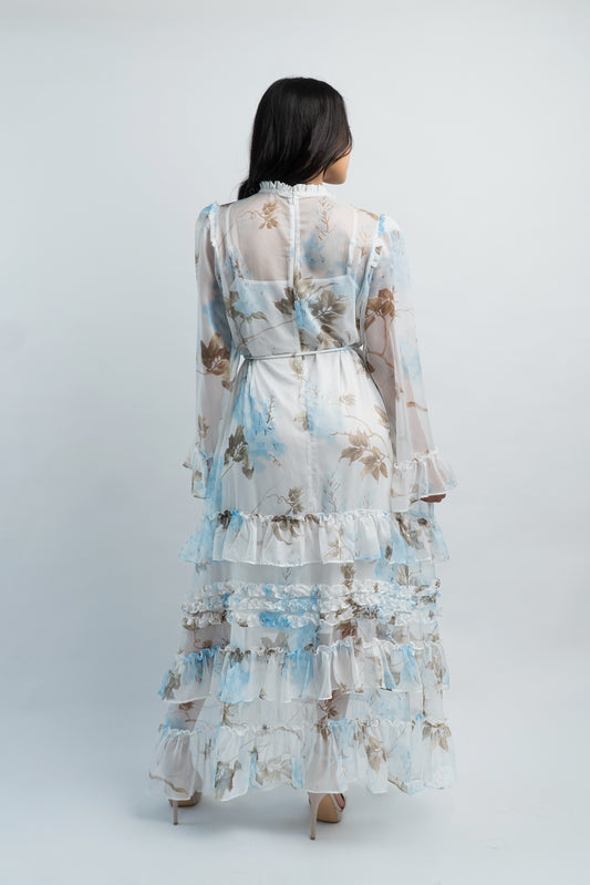 Vestido Floral Manga Larga con Olanes