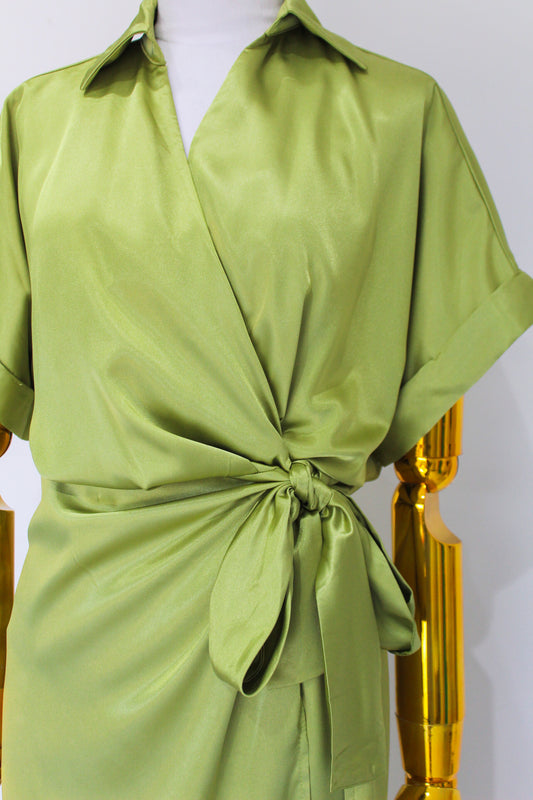 Vestido Satin Verde Cruzado